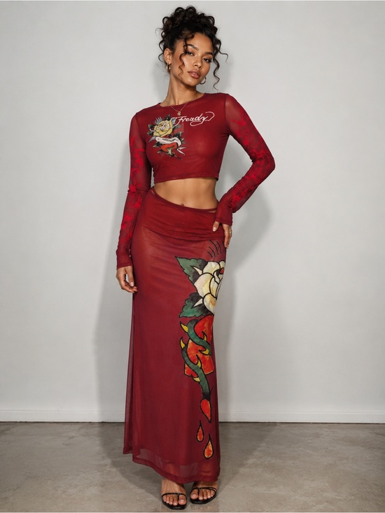 Ed Hardy Other - Ed Hardy Red Mesh Cover Up Beach Skirt Set Rose Tattoo Rhinestone Y2K Size M NWT